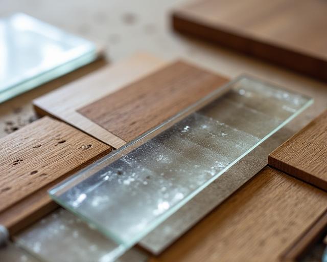 Primer plano de muestras de madera, metal y cristal sobre una mesa de trabajo.