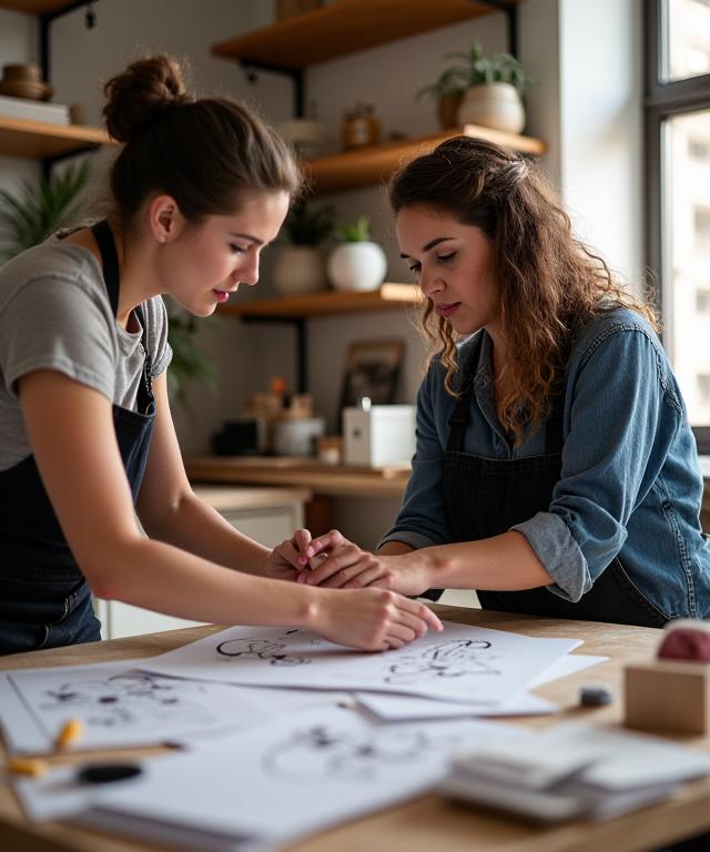 Fundadores de Atelier de Luz Creativa discutiendo un diseño en su taller.