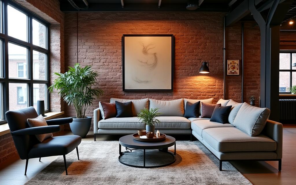 Salón de un loft con paredes de ladrillo visto y muebles de diseño personalizado.