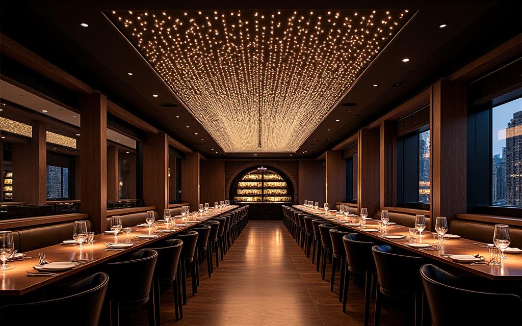 Interior de un restaurante de lujo con iluminación de fibra óptica en el techo.