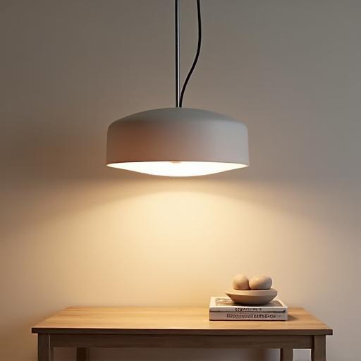 Lámpara de diseño moderno suspendida sobre una mesa.