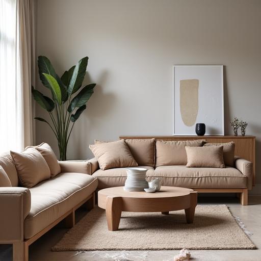 Interior de una sala de estar minimalista con mobiliario a medida.